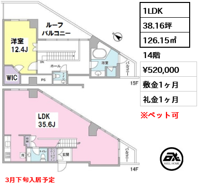 間取り14 1LDK 126.15㎡  賃料¥520,000 敷金1ヶ月 礼金1ヶ月 3月下旬入居予定