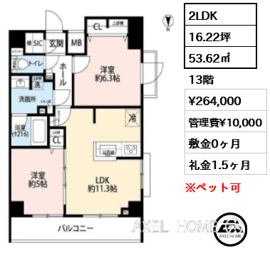 2LDK 53.62㎡  賃料¥264,000 管理費¥10,000 敷金0ヶ月 礼金1.5ヶ月