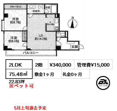 間取り14 2LDK 75.48㎡  賃料¥340,000 管理費¥15,000 敷金1ヶ月 礼金0ヶ月 5月上旬退去予定