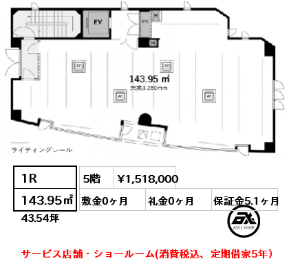 1R 143.95㎡ 5階 賃料¥1,518,000 敷金0ヶ月 礼金0ヶ月 サービス店舗・ショールーム(消費税込、定期借家5年）