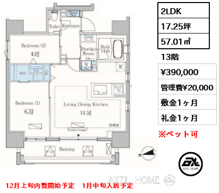間取り14 2LDK 57.01㎡  賃料¥390,000 管理費¥20,000 敷金1ヶ月 礼金1ヶ月 12月上旬内覧開始予定　1月中旬入居予定