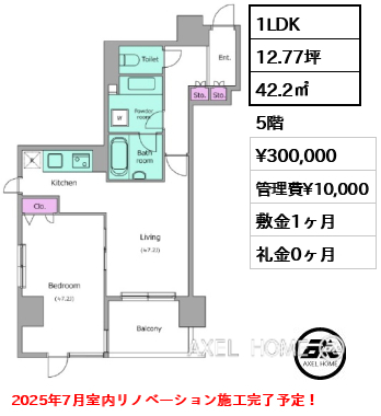 1LDK 42.2㎡  賃料¥300,000 管理費¥10,000 敷金1ヶ月 礼金0ヶ月 2025年7月室内リノベーション施工完了予定！