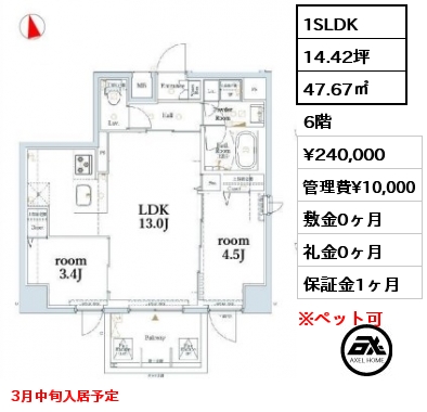 間取り14 1SLDK 47.67㎡ 6階 賃料¥240,000 管理費¥10,000 敷金0ヶ月 礼金0ヶ月 3月中旬入居予定