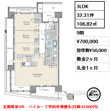 3LDK 106.82㎡  賃料¥700,000 管理費¥50,000 敷金2ヶ月 礼金1ヶ月 定期借家3年　ハイルーフ契約者様優先(月額33500円)