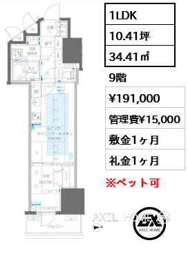 1LDK 34.41㎡  賃料¥191,000 管理費¥15,000 敷金1ヶ月 礼金1ヶ月