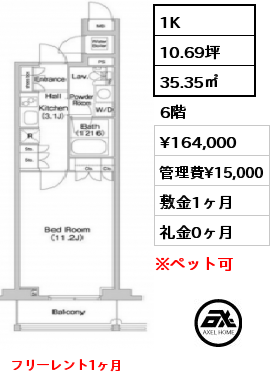 間取り14 1K 35.35㎡ 3階 賃料¥145,000 管理費¥15,000 敷金1ヶ月 礼金0ヶ月 11月中旬入居予定