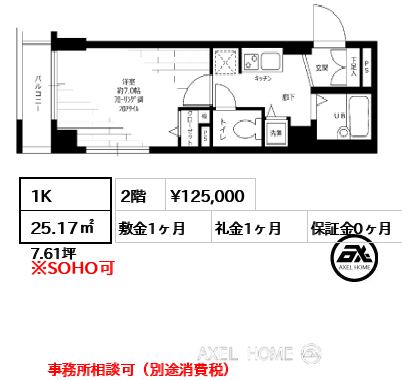 間取り14 1K 25.17㎡  賃料¥125,000 敷金1ヶ月 礼金1ヶ月 事務所相談可（別途消費税）
