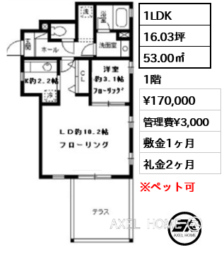 間取り14 1LDK 53.00㎡  賃料¥170,000 管理費¥3,000 敷金1ヶ月 礼金2ヶ月