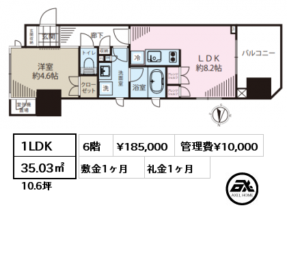 間取り14 1LDK 35.03㎡ 6階 賃料¥185,000 管理費¥10,000 敷金1ヶ月 礼金1ヶ月
