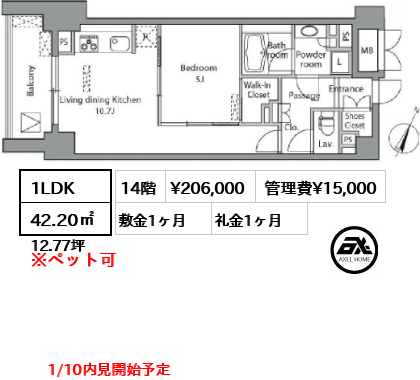 間取り14 1LDK 42.20㎡  賃料¥206,000 管理費¥15,000 敷金1ヶ月 礼金1ヶ月 1/10内見開始予定