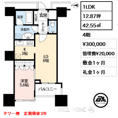 間取り14 1LDK 42.55㎡  賃料¥300,000 管理費¥20,000 敷金1ヶ月 礼金1ヶ月 タワー棟　定期借家3年