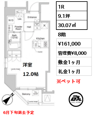 間取り14 1R 30.07㎡  賃料¥161,000 管理費¥8,000 敷金1ヶ月 礼金1ヶ月 6月下旬退去予定