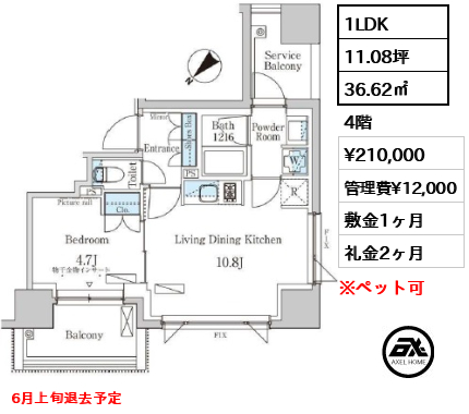 間取り15 1LDK 36.62㎡  賃料¥210,000 管理費¥12,000 敷金1ヶ月 礼金2ヶ月 6月上旬退去予定