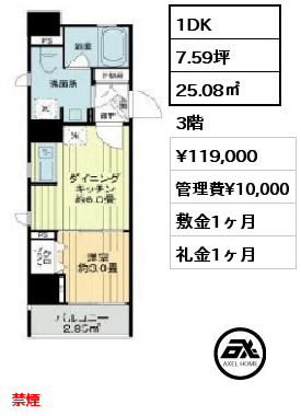 間取り15 1DK 25.08㎡ 3階 賃料¥119,000 管理費¥10,000 敷金1ヶ月 礼金1ヶ月 入居日相談　禁煙