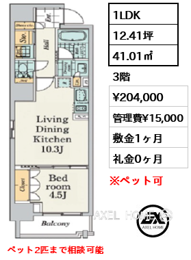 1LDK 41.01㎡  賃料¥204,000 管理費¥15,000 敷金1ヶ月 礼金0ヶ月 ペット2匹まで相談可能