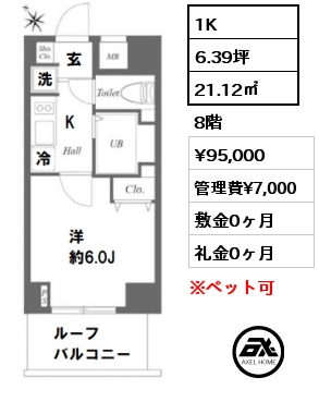 間取り15 1K 21.12㎡ 8階 賃料¥95,000 管理費¥7,000 敷金0ヶ月 礼金0ヶ月 4月下旬入居予定