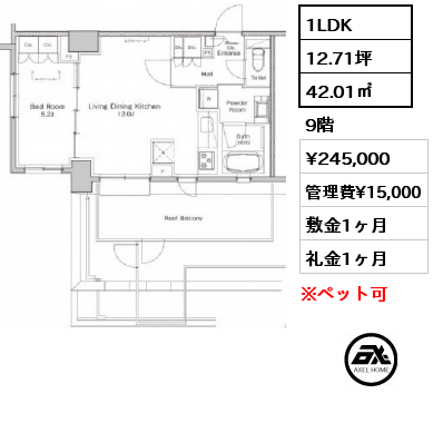 1LDK 42.01㎡ 9階 賃料¥245,000 管理費¥15,000 敷金1ヶ月 礼金1ヶ月