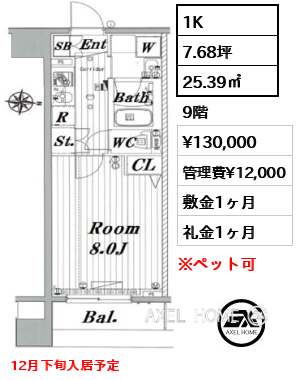 1K 25.39㎡  賃料¥130,000 管理費¥12,000 敷金1ヶ月 礼金1ヶ月 12月下旬入居予定