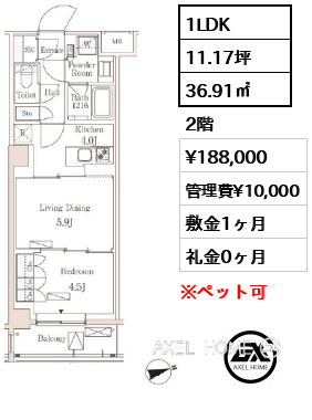 間取り15 1LDK 36.91㎡  賃料¥188,000 管理費¥10,000 敷金1ヶ月 礼金0ヶ月