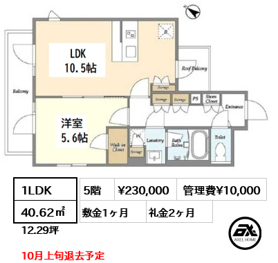 間取り15 1LDK 40.62㎡  賃料¥230,000 管理費¥10,000 敷金1ヶ月 礼金2ヶ月 10月上旬退去予定