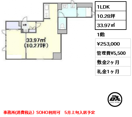 1LDK 33.97㎡ 1階 賃料¥253,000 管理費¥5,500 敷金2ヶ月 礼金1ヶ月 店舗・事務所利用相談可