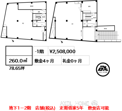 260.0㎡  賃料¥2,508,000 敷金4ヶ月 礼金0ヶ月 地下1－2階　店舗(税込)　定期借家5年　飲食店可能