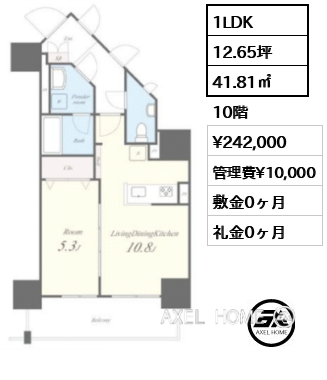 1LDK 41.81㎡  賃料¥242,000 管理費¥10,000 敷金0ヶ月 礼金0ヶ月
