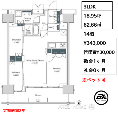 3LDK 62.66㎡  賃料¥343,000 管理費¥30,000 敷金1ヶ月 礼金0ヶ月 定期借家3年