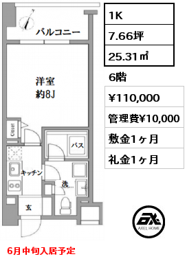 間取り15 1K 25.31㎡ 6階 賃料¥110,000 管理費¥10,000 敷金1ヶ月 礼金1ヶ月 6月中旬入居予定