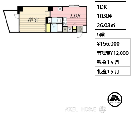 1DK 36.03㎡  賃料¥156,000 管理費¥12,000 敷金1ヶ月 礼金1ヶ月