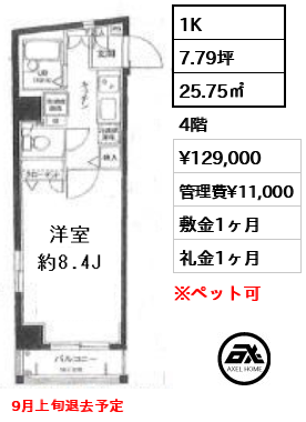 間取り15 1K 25.75㎡  賃料¥129,000 管理費¥11,000 敷金1ヶ月 礼金1ヶ月 9月上旬退去予定