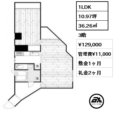 1LDK 36.26㎡ 3階 賃料¥129,000 管理費¥11,000 敷金1ヶ月 礼金2ヶ月