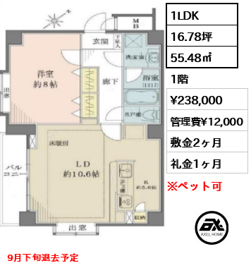 間取り15 1LDK 55.48㎡  賃料¥238,000 管理費¥12,000 敷金2ヶ月 礼金1ヶ月 9月下旬退去予定