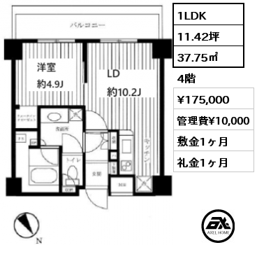 間取り15 1LDK 37.75㎡ 4階 賃料¥175,000 管理費¥10,000 敷金1ヶ月 礼金1ヶ月