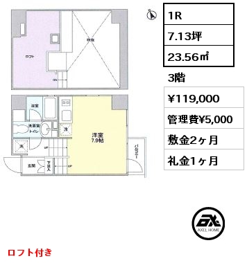 間取り15 1R 23.56㎡ 3階 賃料¥125,000 敷金2ヶ月 礼金1ヶ月 ロフト付　8月中旬入居予定