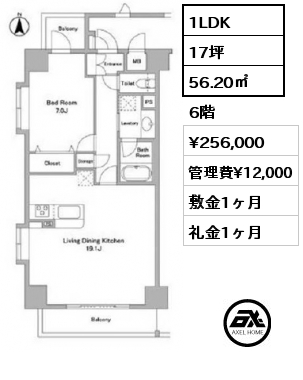 間取り15 1LDK 56.20㎡ 6階 賃料¥256,000 管理費¥12,000 敷金1ヶ月 礼金1ヶ月