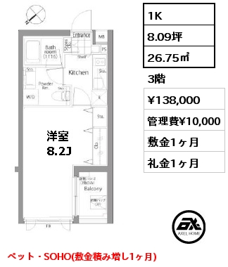 間取り15 1K 26.75㎡ 3階 賃料¥138,000 管理費¥10,000 敷金1ヶ月 礼金1ヶ月 5月中旬入居予定
