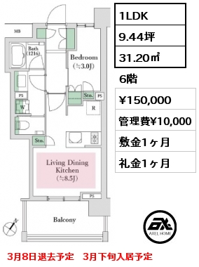 1LDK 31.20㎡ 6階 賃料¥150,000 管理費¥10,000 敷金1ヶ月 礼金1ヶ月 3月8日退去予定　3月下旬入居予定