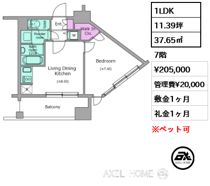 間取り15 1LDK 37.65㎡  賃料¥205,000 管理費¥20,000 敷金1ヶ月 礼金1ヶ月