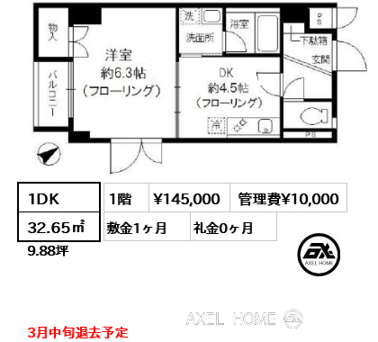 1DK 32.65㎡  賃料¥145,000 管理費¥10,000 敷金1ヶ月 礼金0ヶ月 3月中旬退去予定