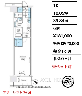 1K 39.84㎡  賃料¥181,000 管理費¥20,000 敷金1ヶ月 礼金0ヶ月 フリーレント3ヶ月