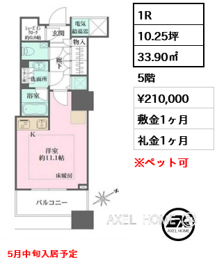 1R 33.90㎡  賃料¥210,000 敷金1ヶ月 礼金1ヶ月 5月中旬入居予定