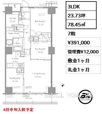 3LDK 78.45㎡  賃料¥391,000 管理費¥12,000 敷金1ヶ月 礼金1ヶ月 4月中旬入居予定