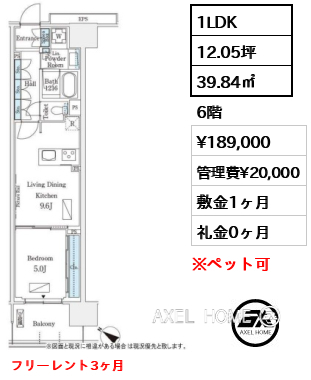 1LDK 39.84㎡  賃料¥189,000 管理費¥20,000 敷金1ヶ月 礼金0ヶ月 フリーレント3ヶ月