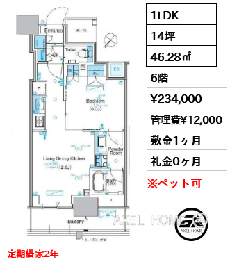 1LDK 46.28㎡  賃料¥234,000 管理費¥12,000 敷金1ヶ月 礼金0ヶ月 定期借家2年