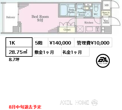 1K 28.75㎡  賃料¥140,000 管理費¥10,000 敷金1ヶ月 礼金1ヶ月 8月中旬退去予定