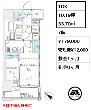 1DK 33.70㎡ 7階 賃料¥179,000 管理費¥12,000 敷金1ヶ月 礼金0ヶ月 5月下旬入居予定
