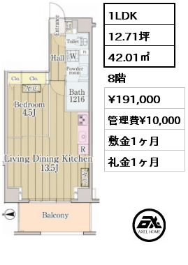 1LDK 42.01㎡ 8階 賃料¥195,000 管理費¥10,000 敷金1ヶ月 礼金1ヶ月 2024年1月中旬案内可能予定　