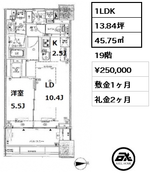 1LDK 45.75㎡ 19階 賃料¥250,000 敷金1ヶ月 礼金2ヶ月
