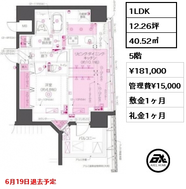 1LDK 40.52㎡ 5階 賃料¥181,000 管理費¥15,000 敷金1ヶ月 礼金1ヶ月 6月19日退去予定